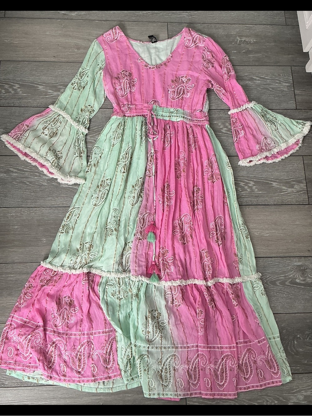 Me2Magic Boho Pink Green Paisley Bell Sleeve Maxi Dress XL